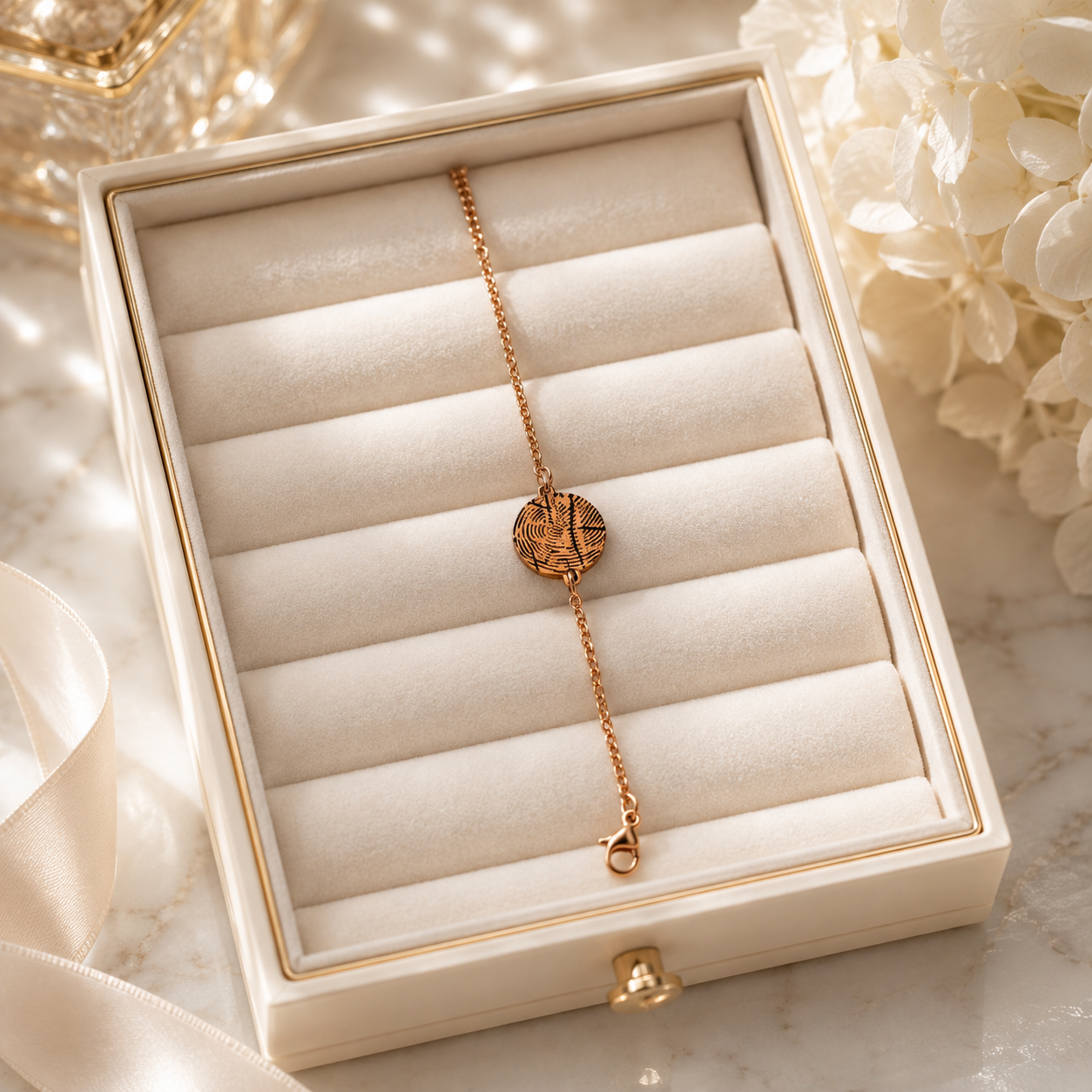 A delicate rose gold bracelet with a circular engraved charm, presented inside an open cream-colored jewelry box with a velvet-lined tray.