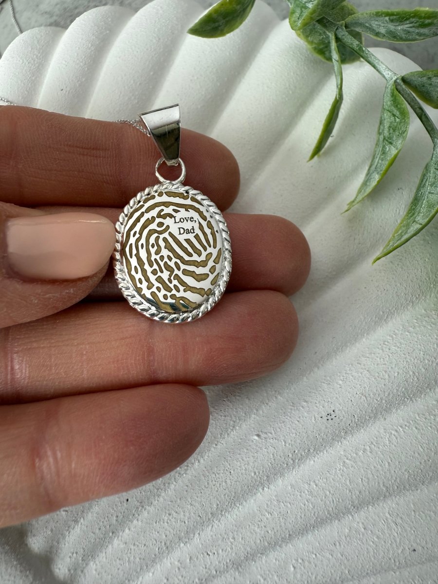 Engraved Thumbprint Necklace German Silver Oval Rope Necklace – Keepsake Journey - Handmade Memorial Keepsake for occasion – material – style - Personalized Gift Idea - Custom Engraving -