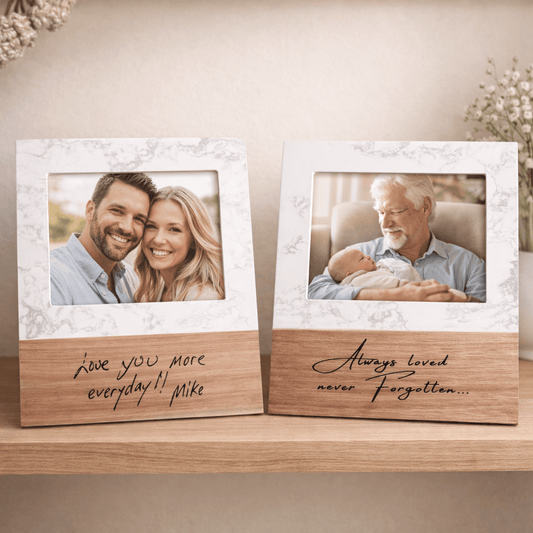 Personalized Marble & Acacia Wood Picture Frame (5x7) | Engraved Memorial Keepsake – Keepsake Journey - Handmade for occasion – material – style - Personalized Gift Idea - Custom Engraving -