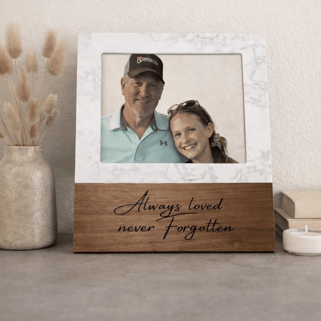 Personalized Marble & Acacia Wood Picture Frame (5x7) | Engraved Memorial Keepsake – Keepsake Journey - Handmade for occasion – material – style - Personalized Gift Idea - Custom Engraving -