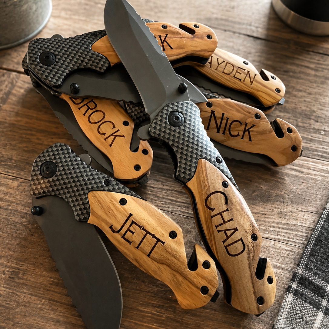 Four personalized folding pocket knives with black blades and custom wood handles engraved with names, arranged on a rustic wooden tabletop.