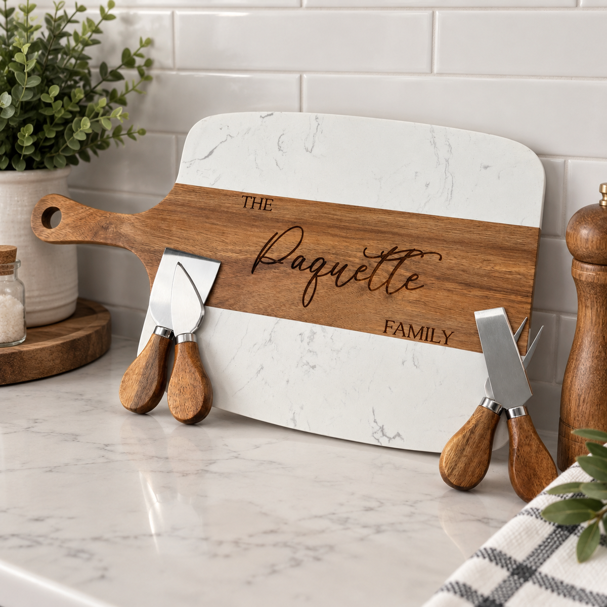 Personalized Marble & Acacia Serving Board 5 Piece Set