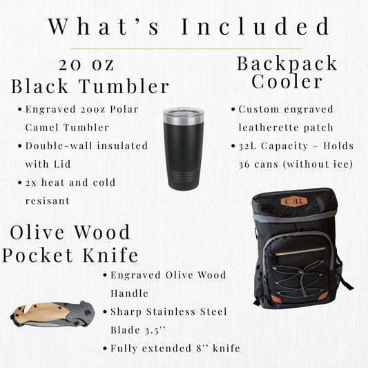 Personalized Gift Box: 20oz Tumbler, Olive Wood Pocket Knife, Backpack Cooler