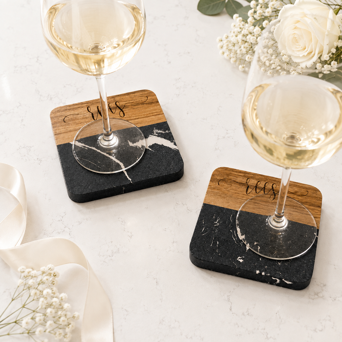 Personalized Acacia Cutting Board & Marble Coaster Set
