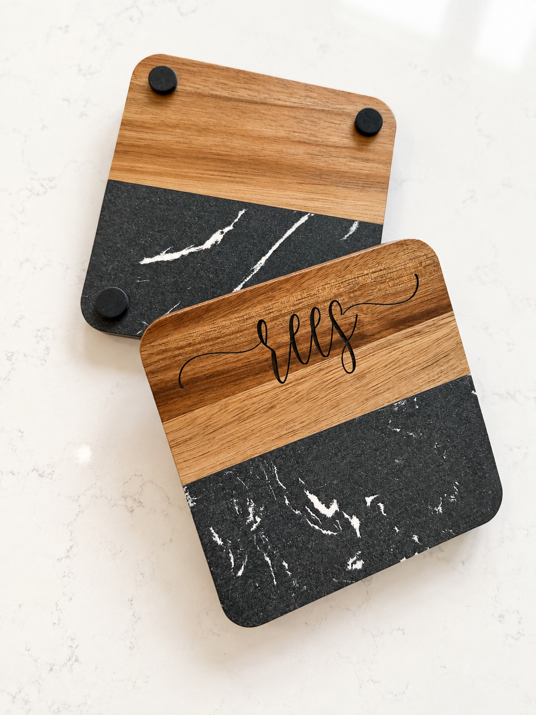 Personalized Acacia Cutting Board & Marble Coaster Set