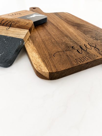 Personalized Acacia Cutting Board & Marble Coaster Set