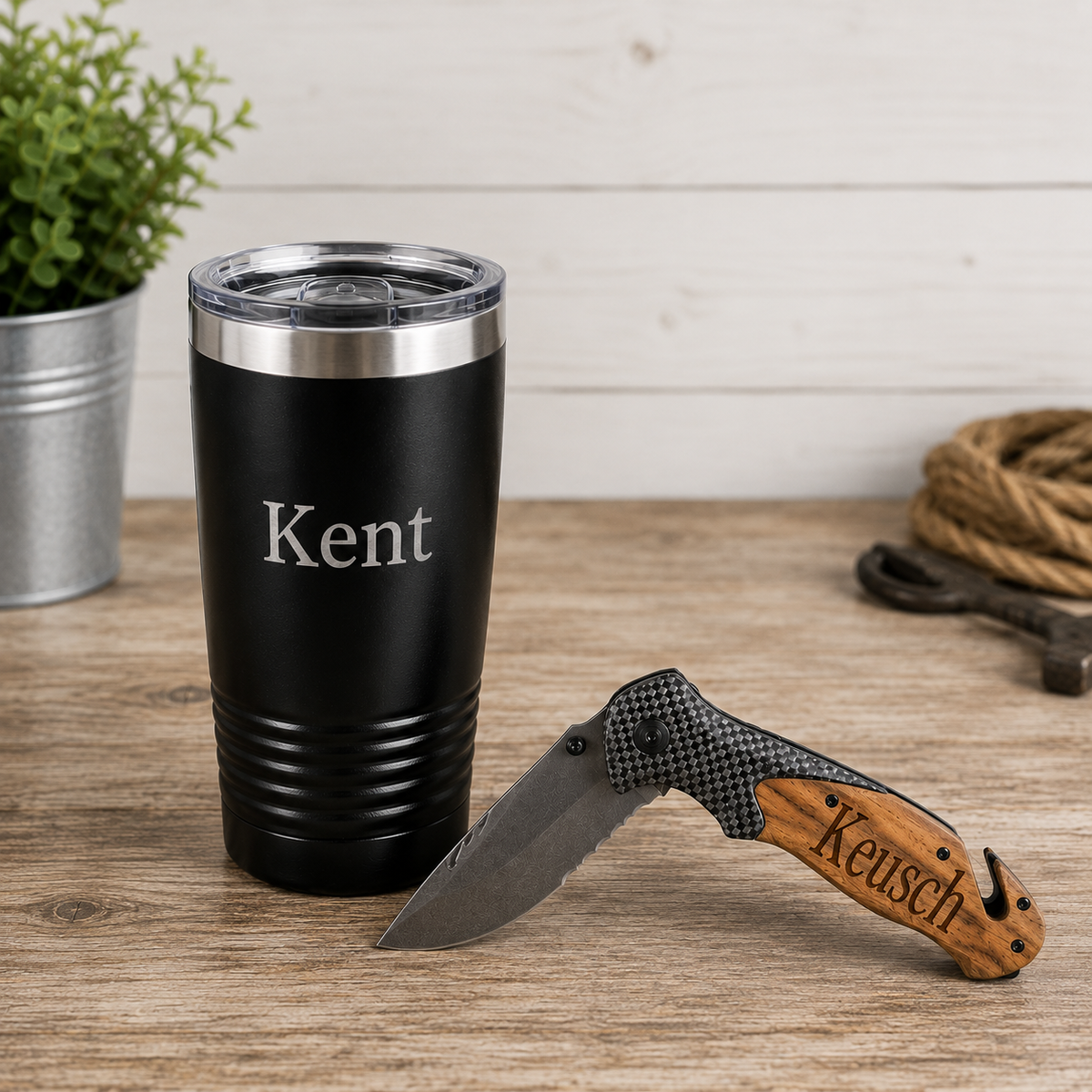 Personalized Gift Box: 20oz Tumbler, Olive Wood Pocket Knife, Backpack Cooler
