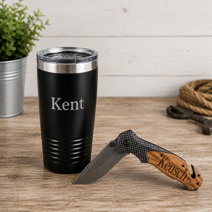 Personalized Gift Box: 20oz Tumbler, Olive Wood Pocket Knife, Backpack Cooler