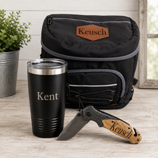 Personalized Gift Box: 20oz Tumbler, Olive Wood Pocket Knife, Backpack Cooler