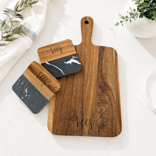 Personalized Acacia Cutting Board & Marble Coaster Set