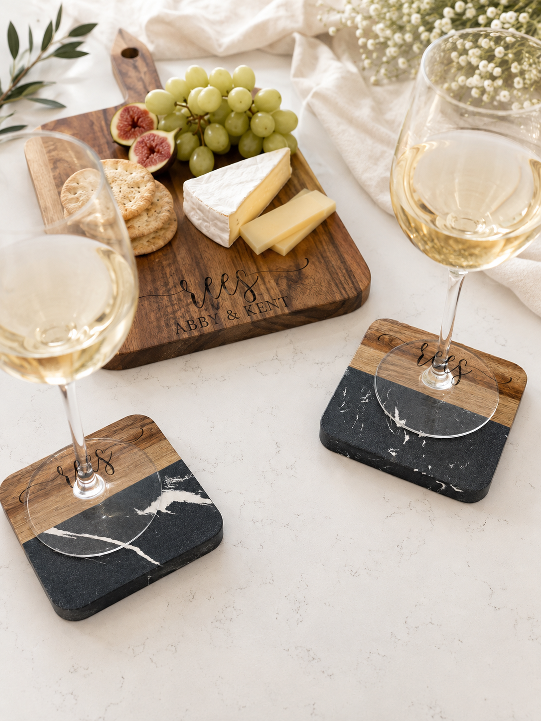 Personalized Acacia Cutting Board & Marble Coaster Set