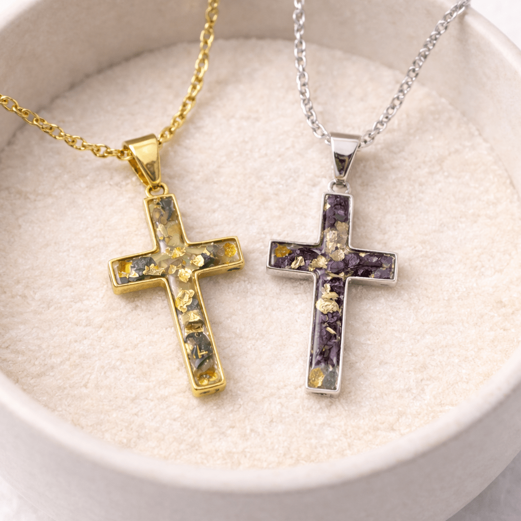 Dried Flower Cross Necklace – Memorial Resin Jewelry – Keepsake Journey - Handmade for occasion – material – style - Personalized Gift Idea - Custom Engraving - 