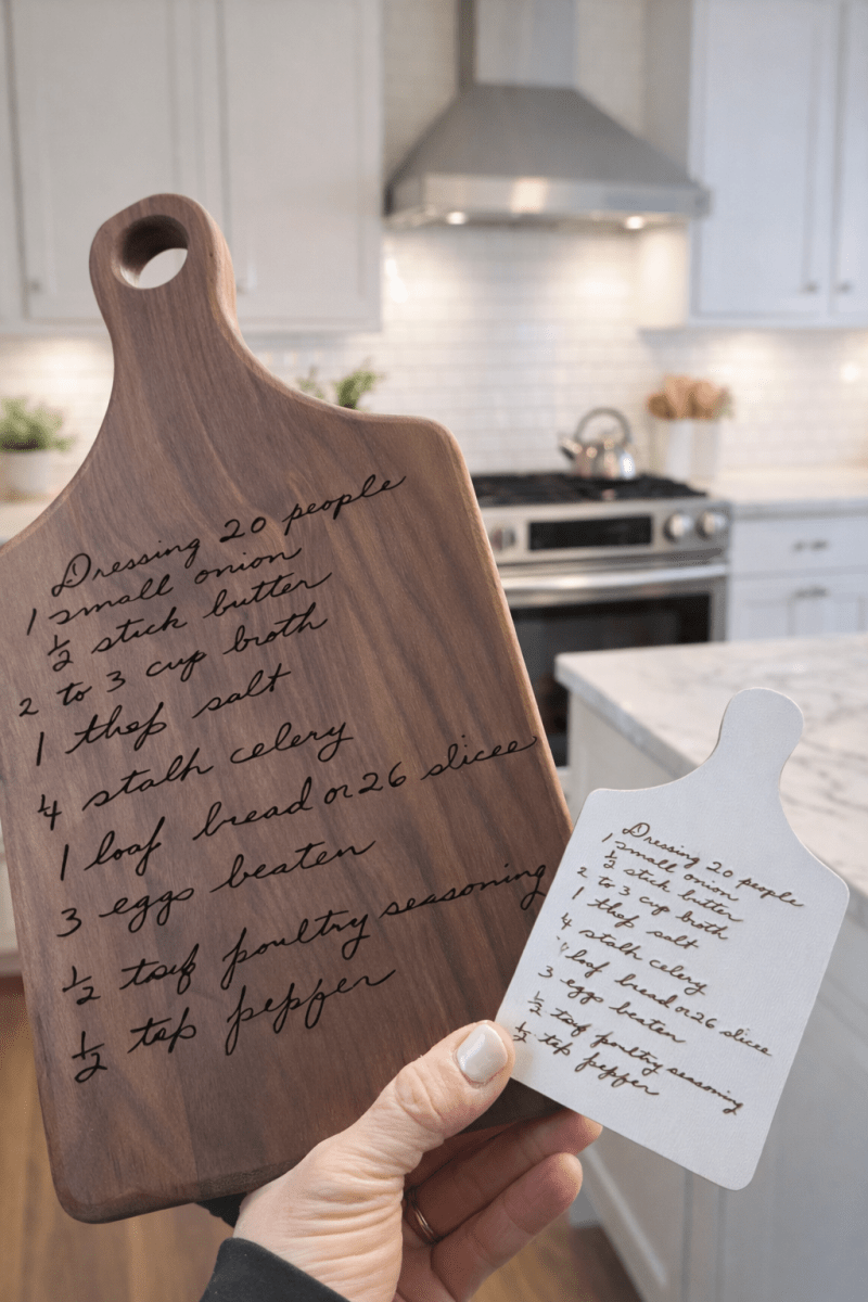Handwritten Recipe Cutting Board | Paddle Board 13 1/2 x 7 – Keepsake Journey - Handmade Memorial Keepsake for occasion – material – style - Personalized Gift Idea - Custom Engraving -