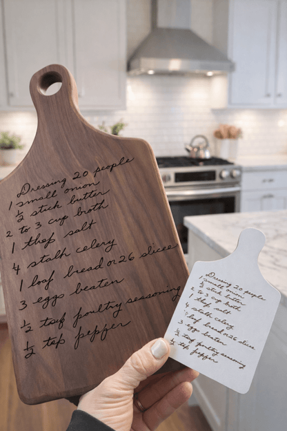 Handwritten Recipe Cutting Board | Paddle Board 13 1/2 x 7 – Keepsake Journey - Handmade Memorial Keepsake for occasion – material – style - Personalized Gift Idea - Custom Engraving -