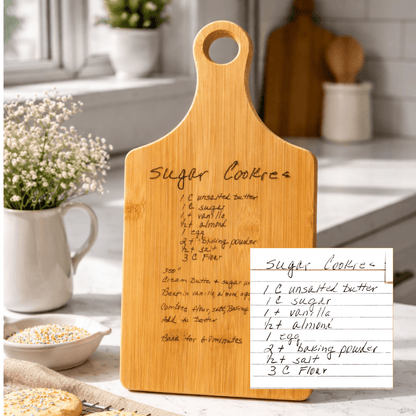 Handwritten Recipe Cutting Board | Paddle Board 13 1/2 x 7 – Keepsake Journey - Handmade Memorial Keepsake for occasion – material – style - Personalized Gift Idea - Custom Engraving -