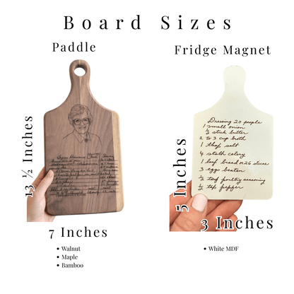 Handwritten Recipe Cutting Board | Paddle Board 13 1/2 x 7 – Keepsake Journey - Handmade Memorial Keepsake for occasion – material – style - Personalized Gift Idea - Custom Engraving -
