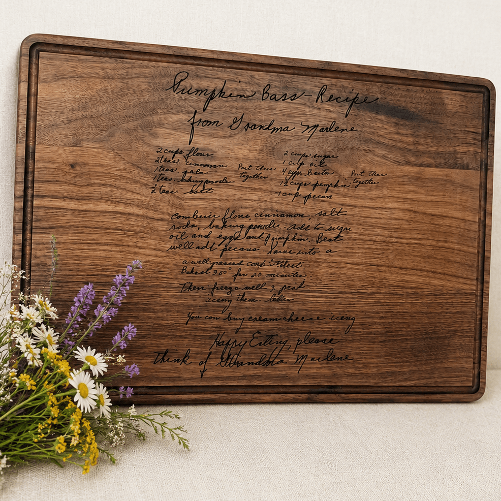 Large Recipe Cutting Board – Custom Engraved Walnut Board 13 3/4" x 9 3/4" – Keepsake Journey - Handmade Memorial Keepsake for occasion – material – style - Personalized Gift Idea - Custom Engraving -