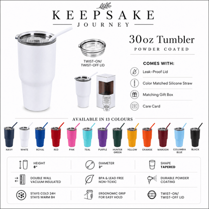 Personalized 30oz Engraved Tumbler – Keepsake Journey - Handmade for occasion – material – style - Personalized Gift Idea - Custom Engraving -
