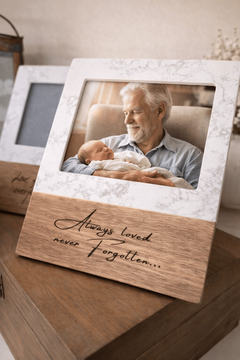 Personalized Marble & Acacia Wood Picture Frame (5x7) | Engraved Memorial Keepsake – Keepsake Journey - Handmade for occasion – material – style - Personalized Gift Idea - Custom Engraving - 