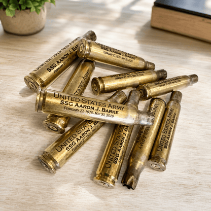 Personalized Military Bullet Casing Engraving | Veteran Memorial Keepsake – Keepsake Journey - Handmade for occasion – material – style - Personalized Gift Idea - Custom Engraving -