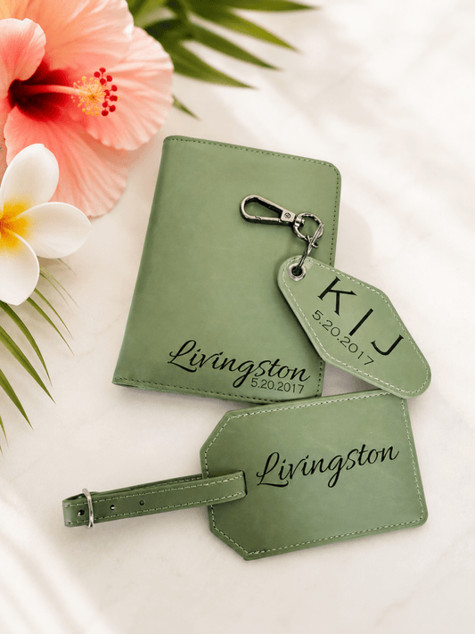 Personalized Travel Set: Passport Holder, Luggage Tag, Keychain – Keepsake Journey - Handmade Wedding Gifts for occasion – material – style - Personalized Gift Idea - Custom Engraving -