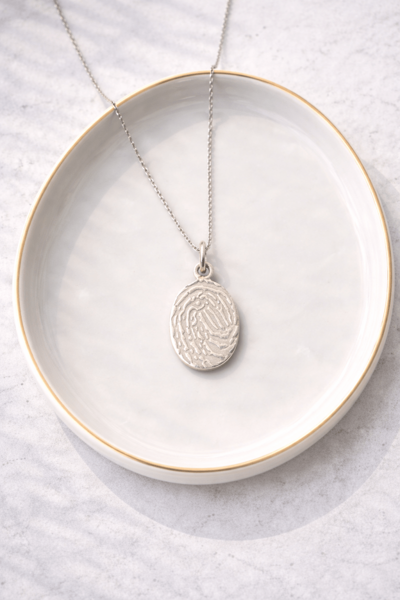 Sterling Silver Petite Oval Necklace – Custom Thumbprint Engraving Memorial Keepsake – Keepsake Journey - Handmade Memorial Keepsake for occasion – material – style - Personalized Gift Idea - Custom Engraving - 